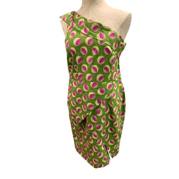 Medium Vintage 1960s One Shoulder Sheath Dress Green Pink - Picture 2 of 9